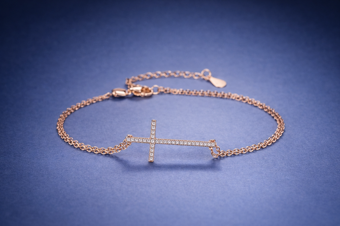Rose gold bracelet with a cross charm on a blue background