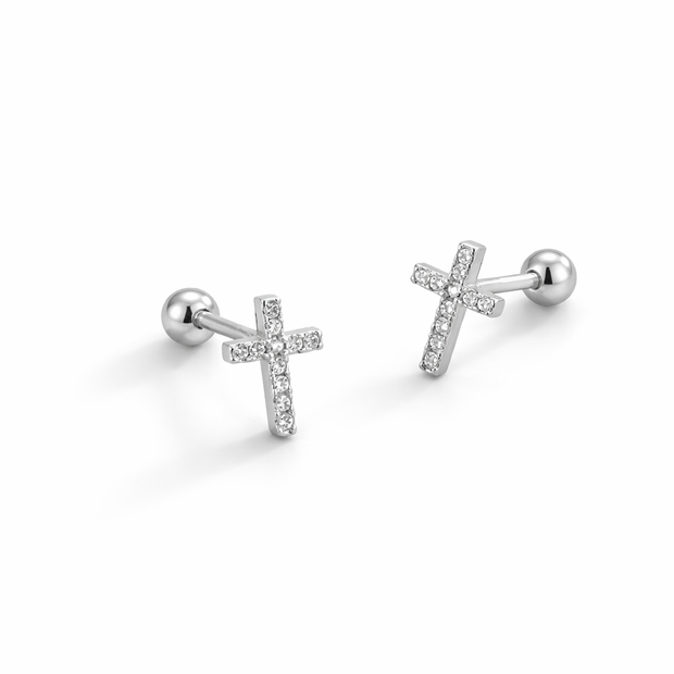 Silver cross-shaped earrings on a white background