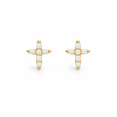 Gold cross-shaped earrings with clear stones on a white background