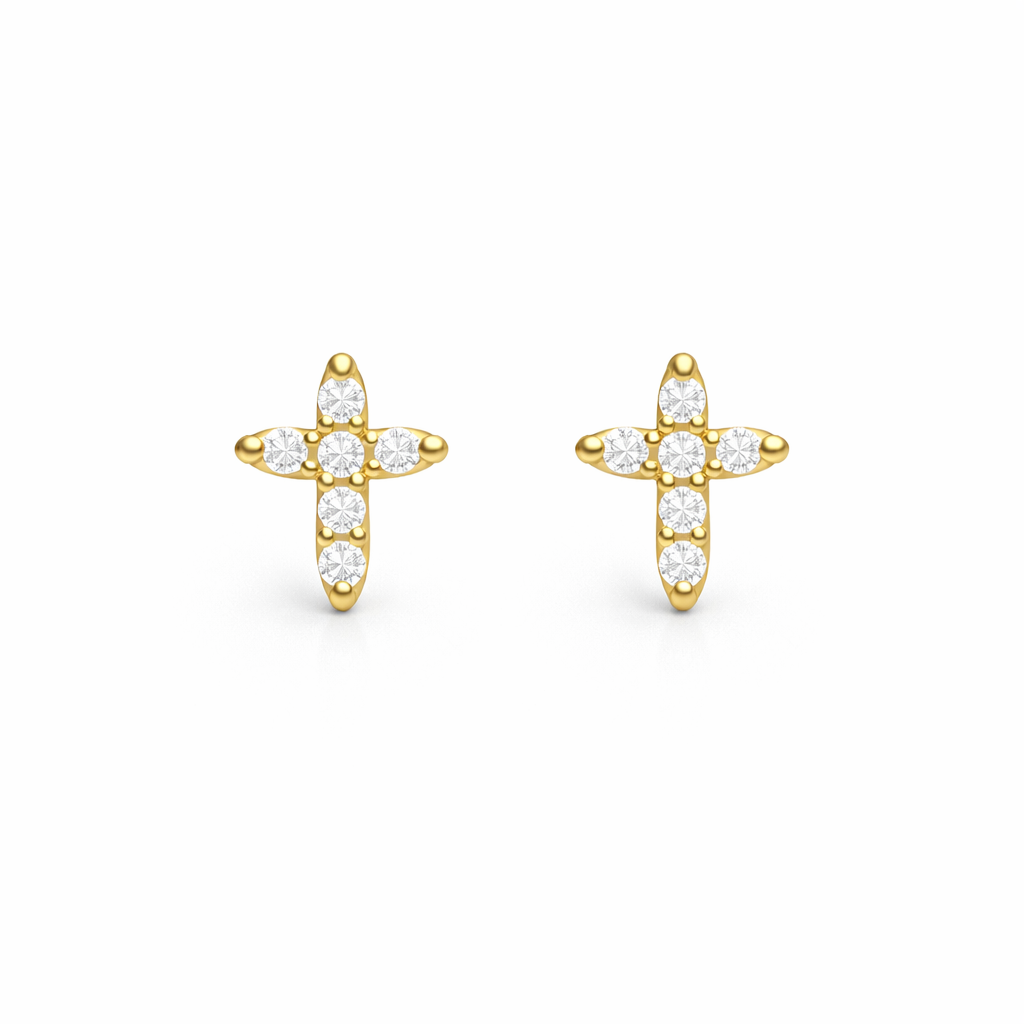 Gold cross-shaped earrings with clear stones on a white background