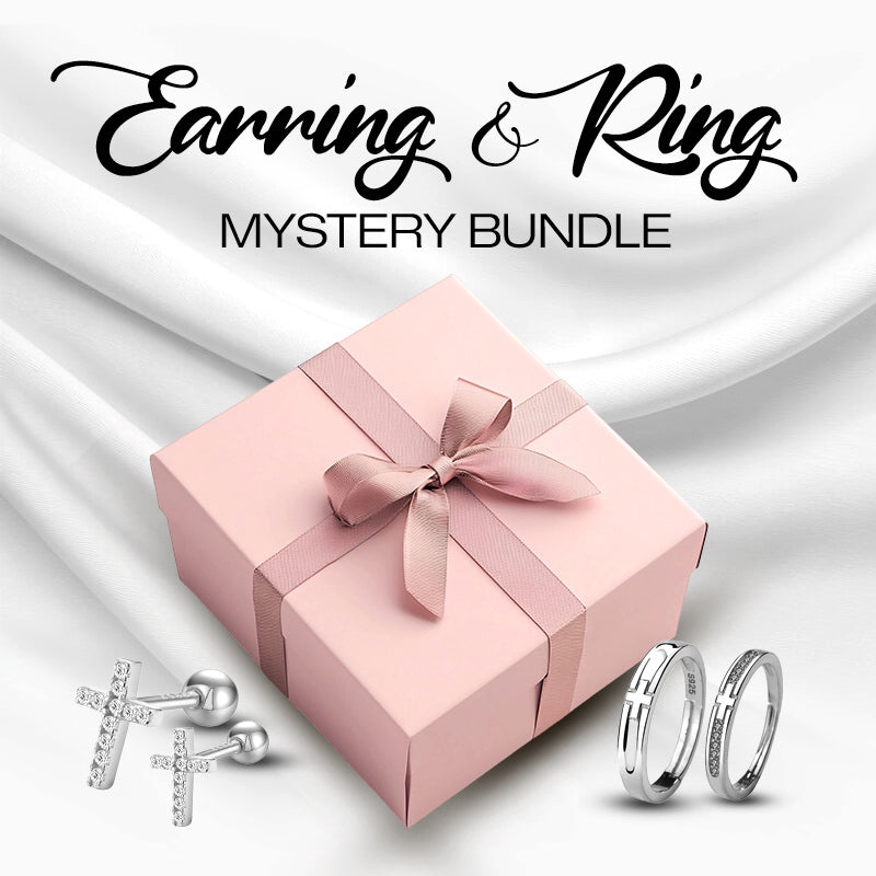 Pink gift box with a bow, earrings, and rings on a white background